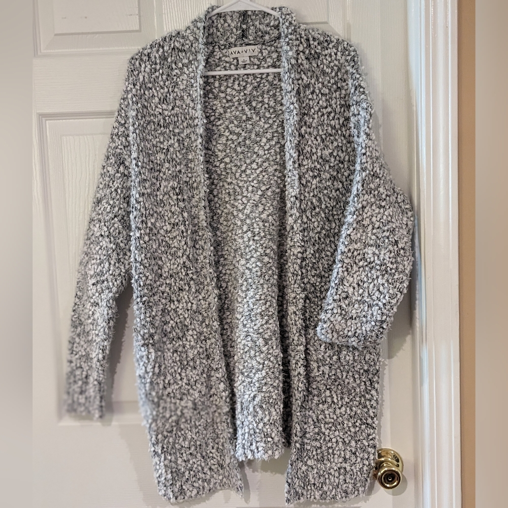 Ava & Viv Chunky Popcorn Knit Grey & White Longline Open Cardigan - Size X